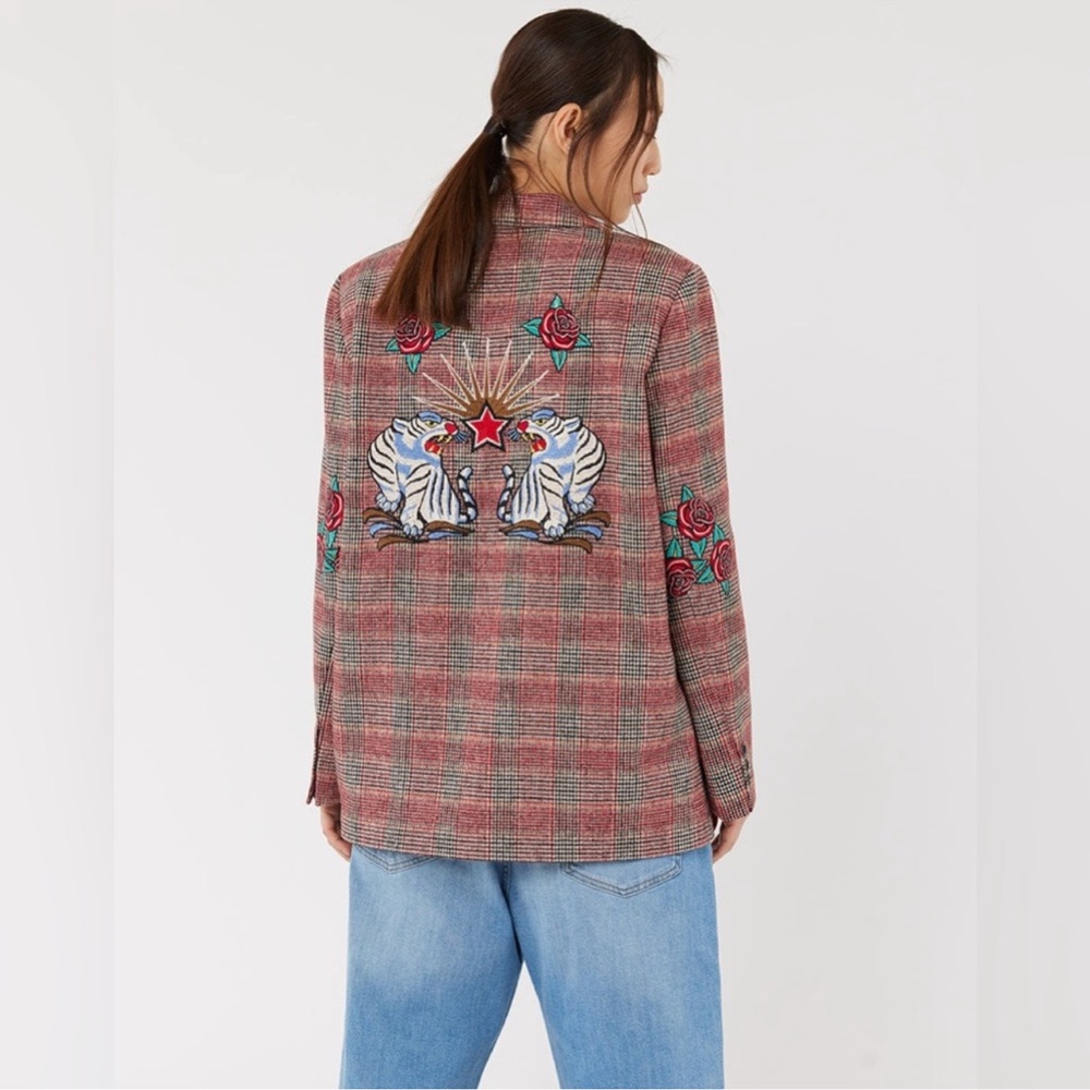 Me369 Linda Tartan Tiger Jacket Embroidery Blazer Jacket Size XL.